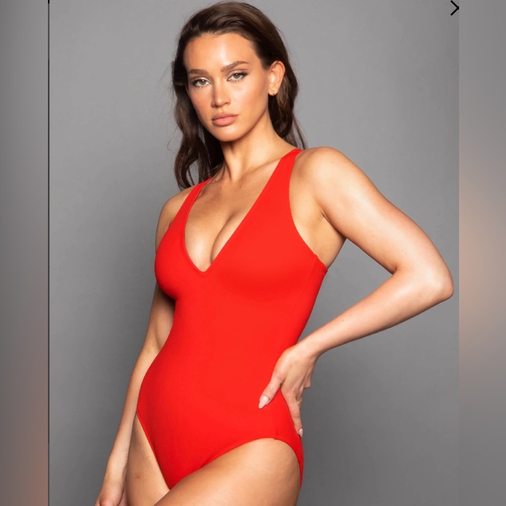TA3 Hi Cut Plungey One Piece Swimsuit- Hot Coral- Regular / Long / M